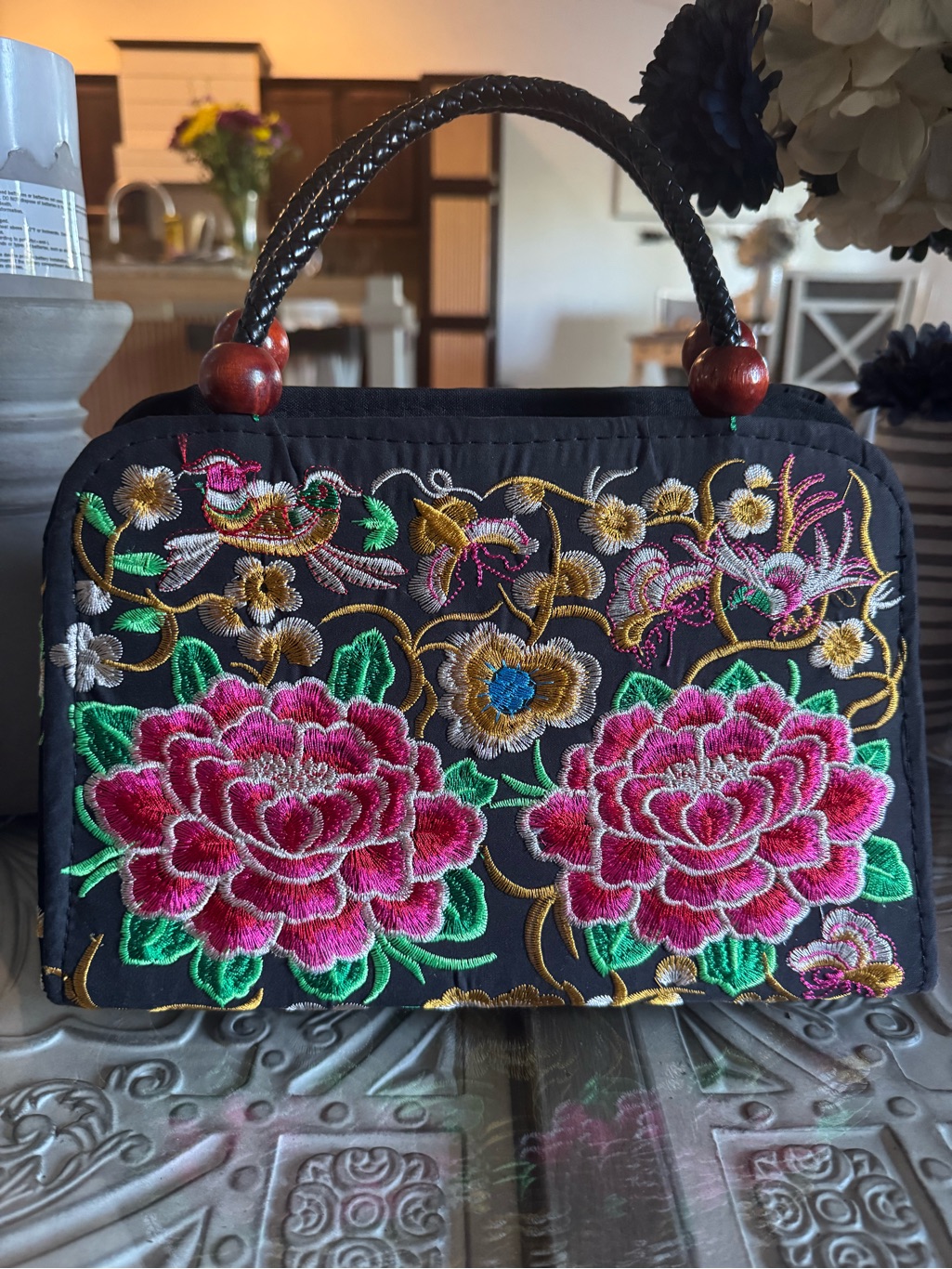 Embroidered Floral Handbag - Black With Pink Flowers